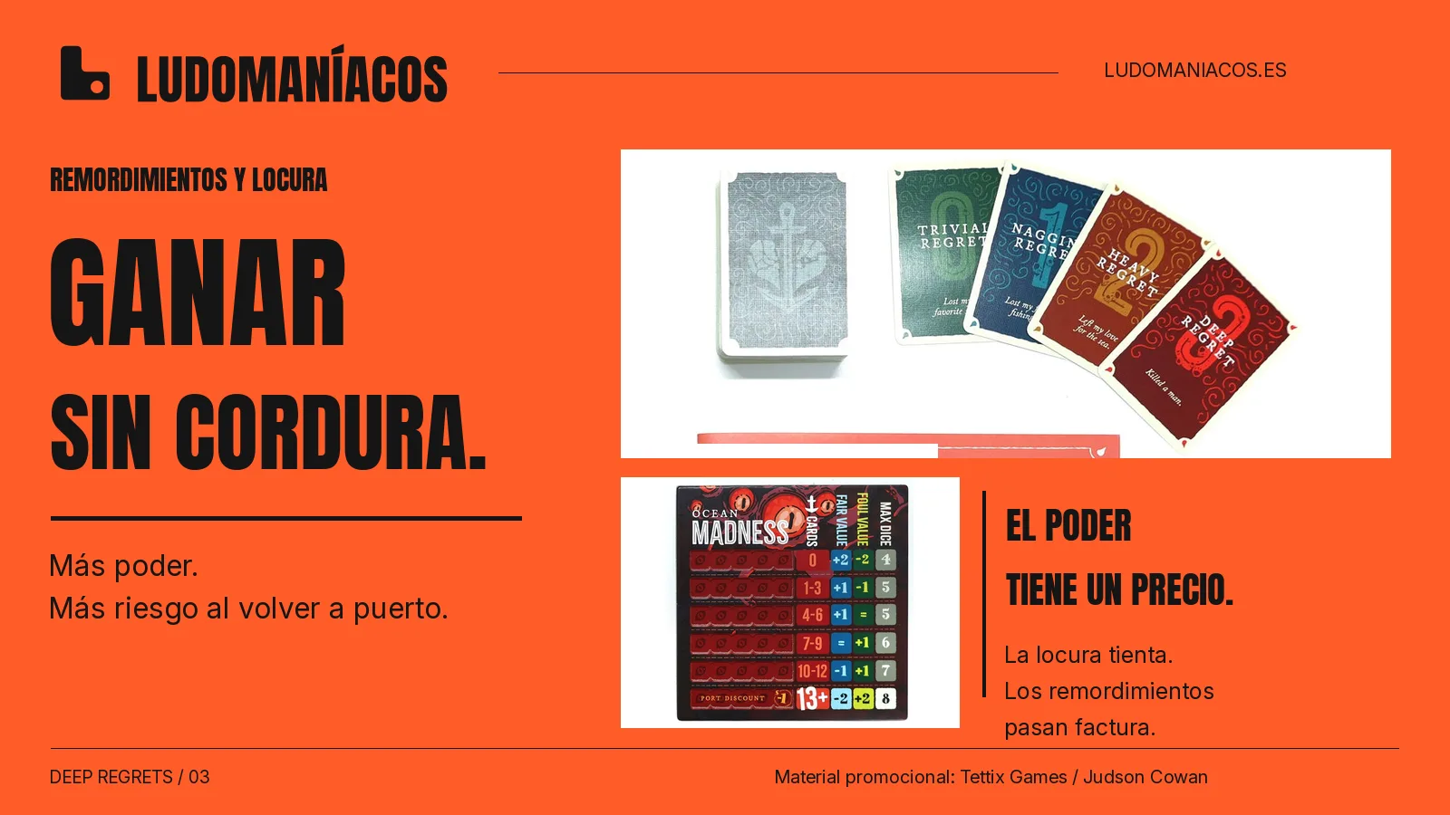 Cartas de remordimiento y tablero de locura de Deep Regrets en una composición editorial