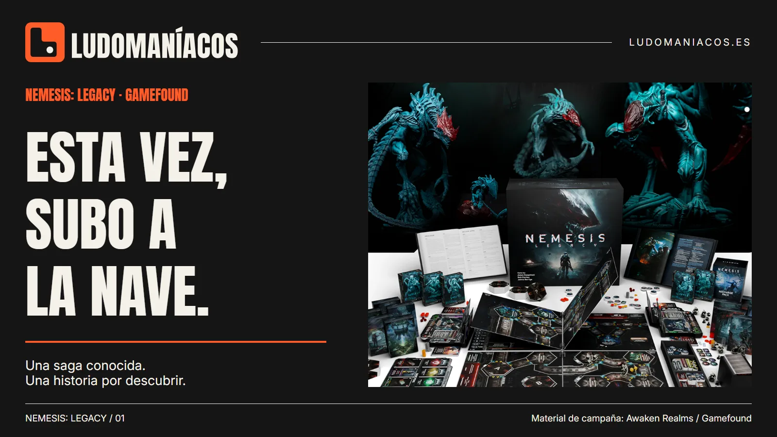 Caja, componentes y miniaturas anunciadas de Nemesis Legacy en una composición negra y naranja de Ludomaníacos