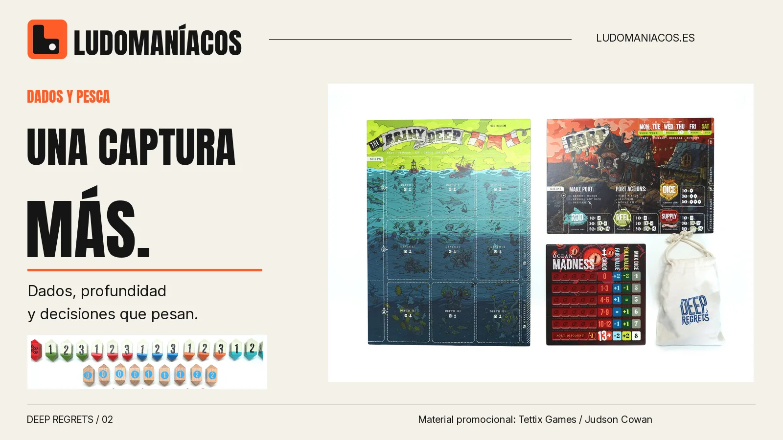 Composición de Deep Regrets con tablero del mar, dados y componentes de pesca