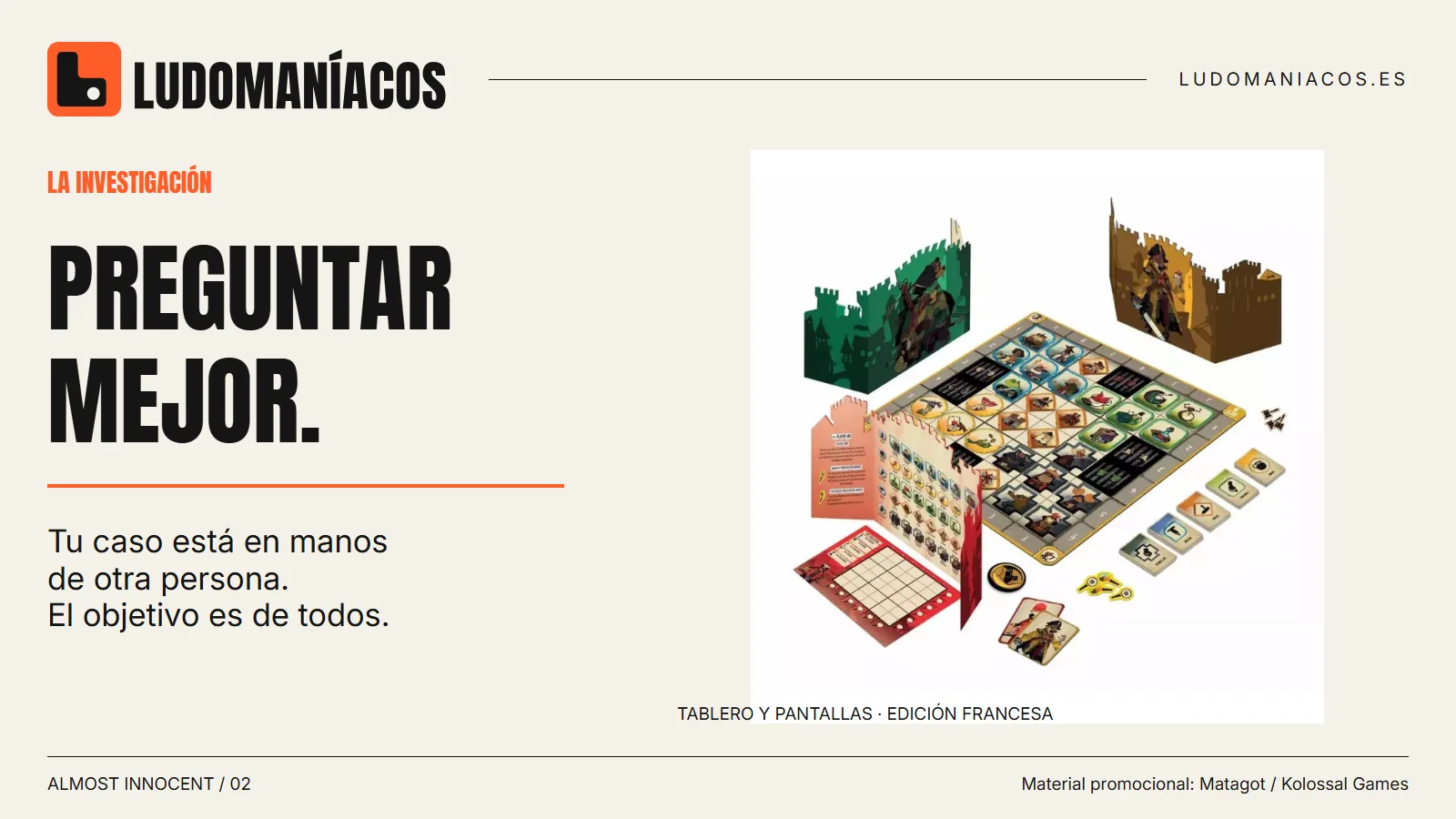 Tablero, pantallas y componentes de Almost Innocent en una composición de Ludomaníacos