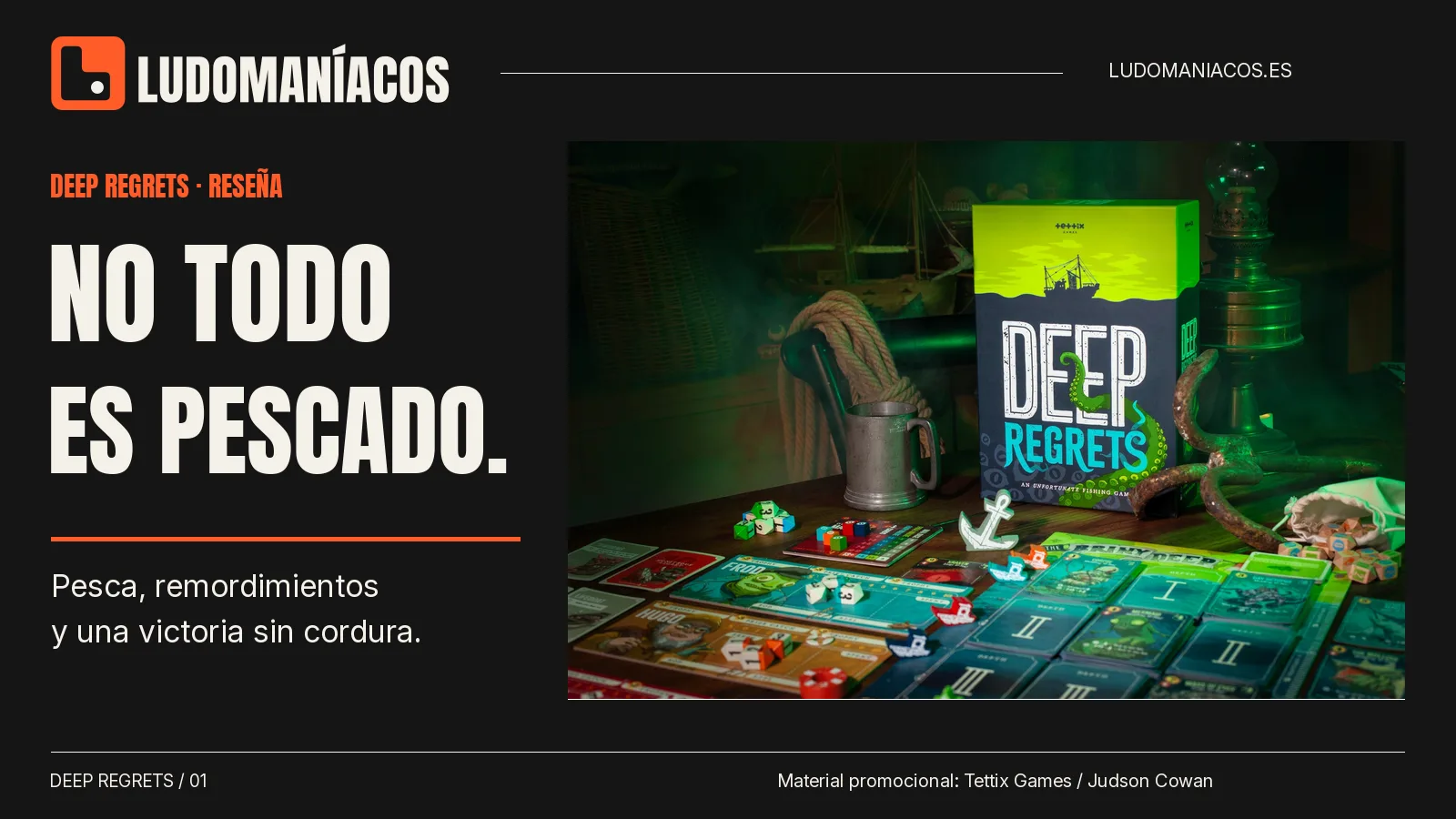 Composición de Deep Regrets con la caja y los componentes en una fotografía oficial de Tettix Games
