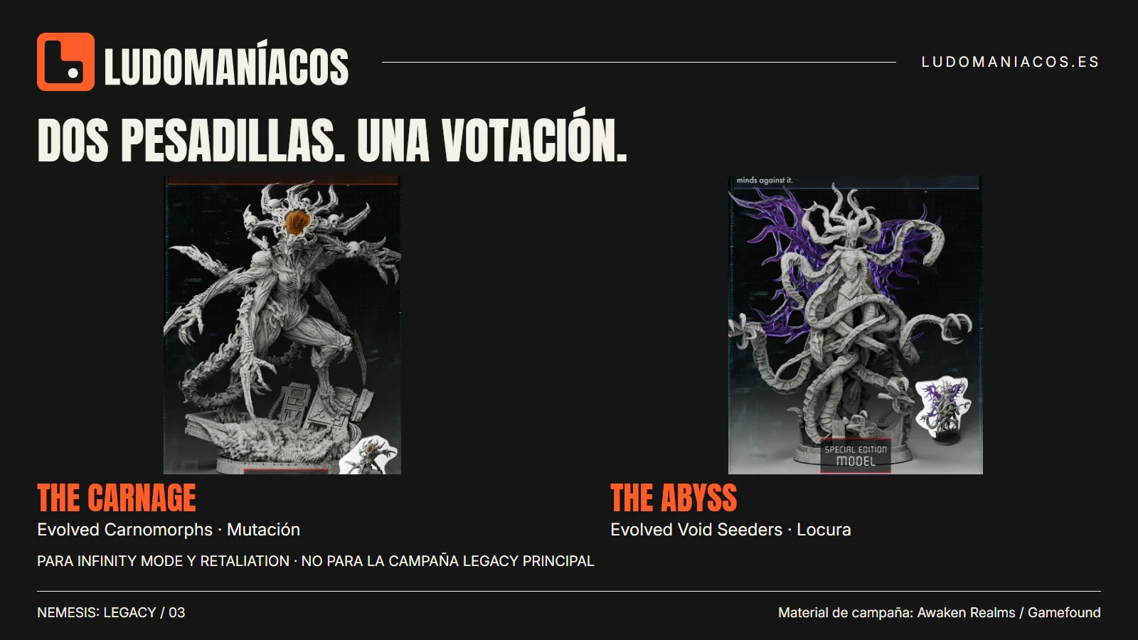 Miniaturas promocionales de The Carnage y The Abyss, las alternativas de la primera votación de Nemesis Legacy