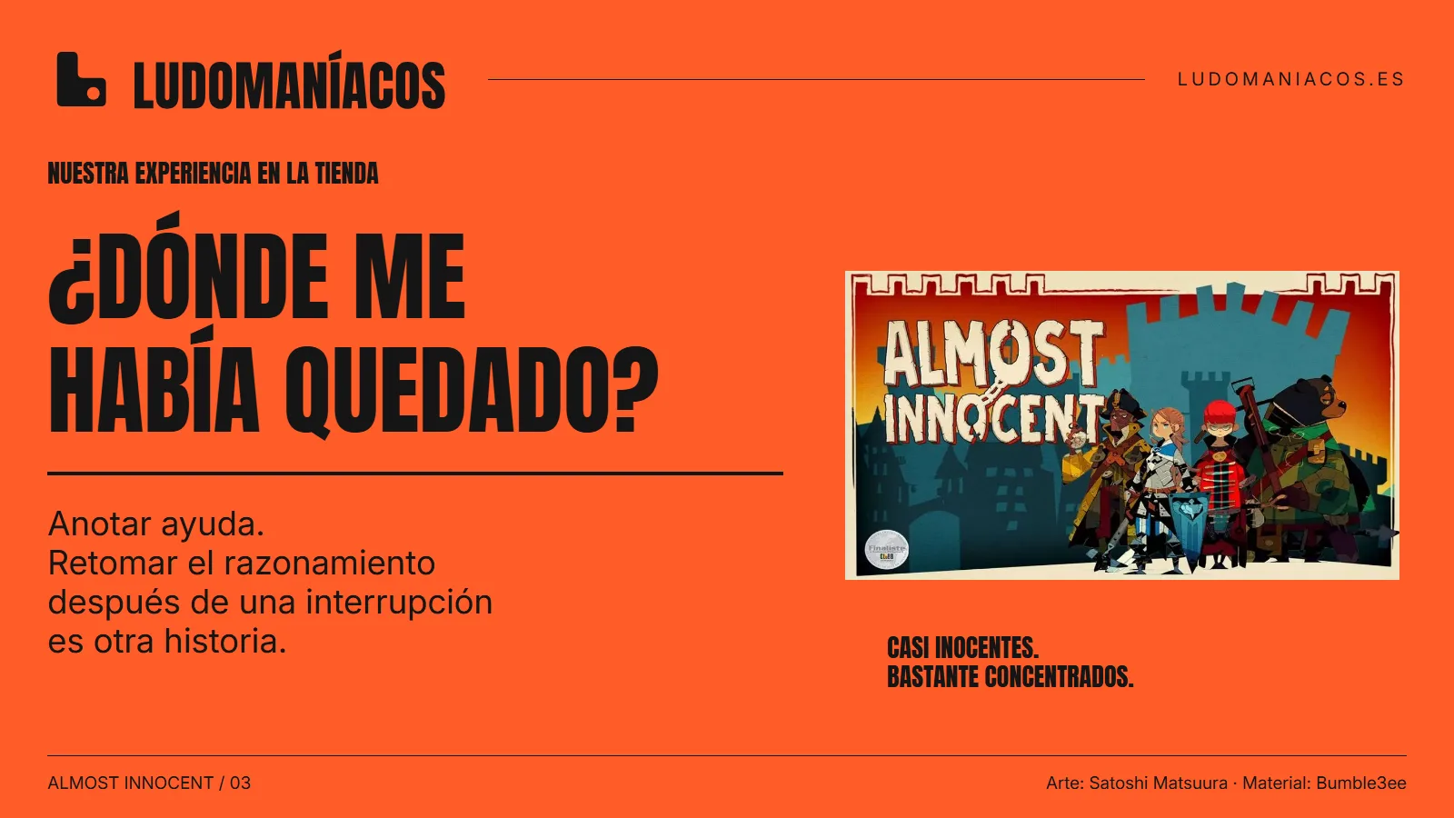 Ilustración de la caja de Almost Innocent junto a la pregunta Dónde me había quedado