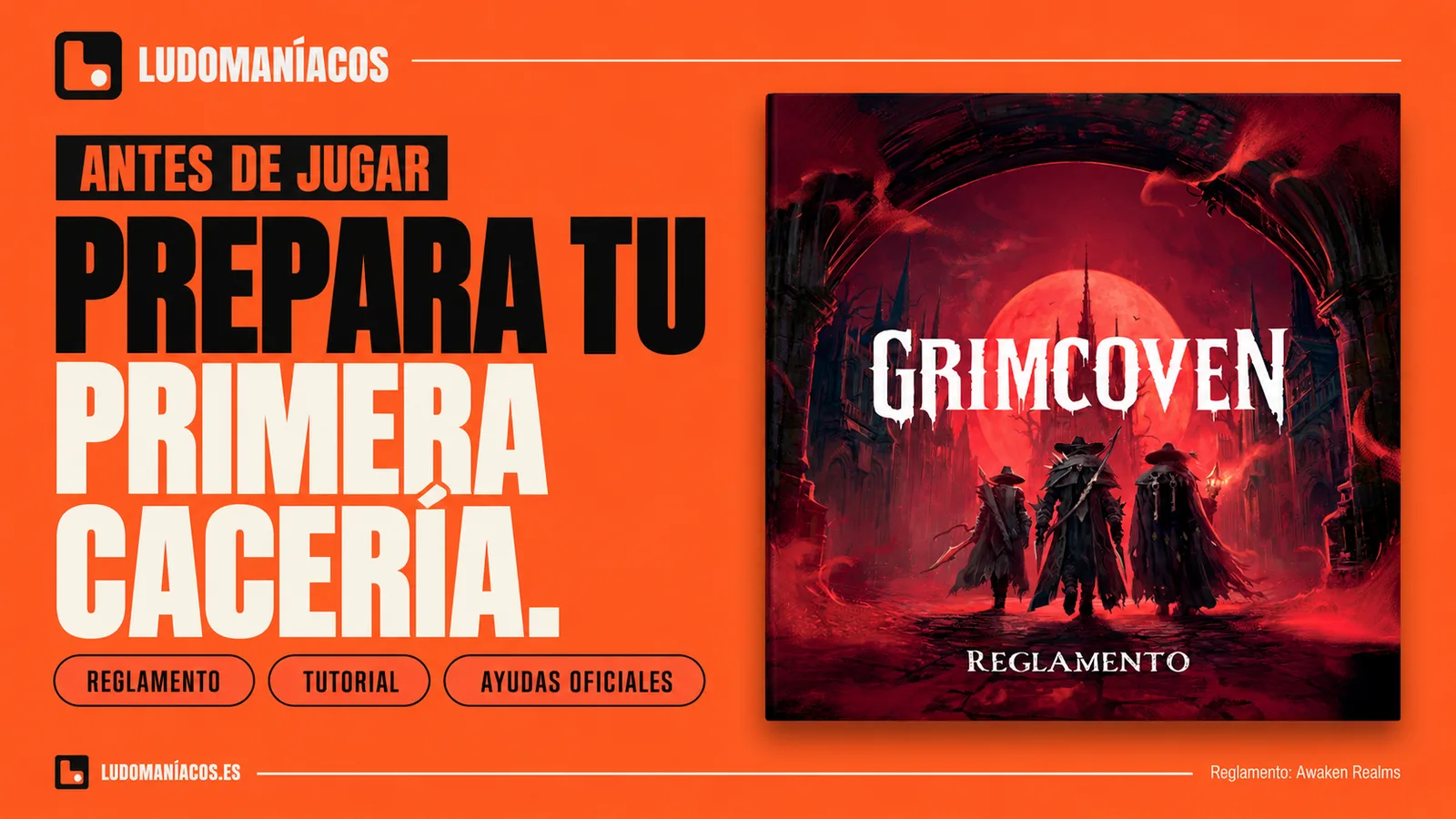 Portada del reglamento español de Grimcoven y recursos de aprendizaje
